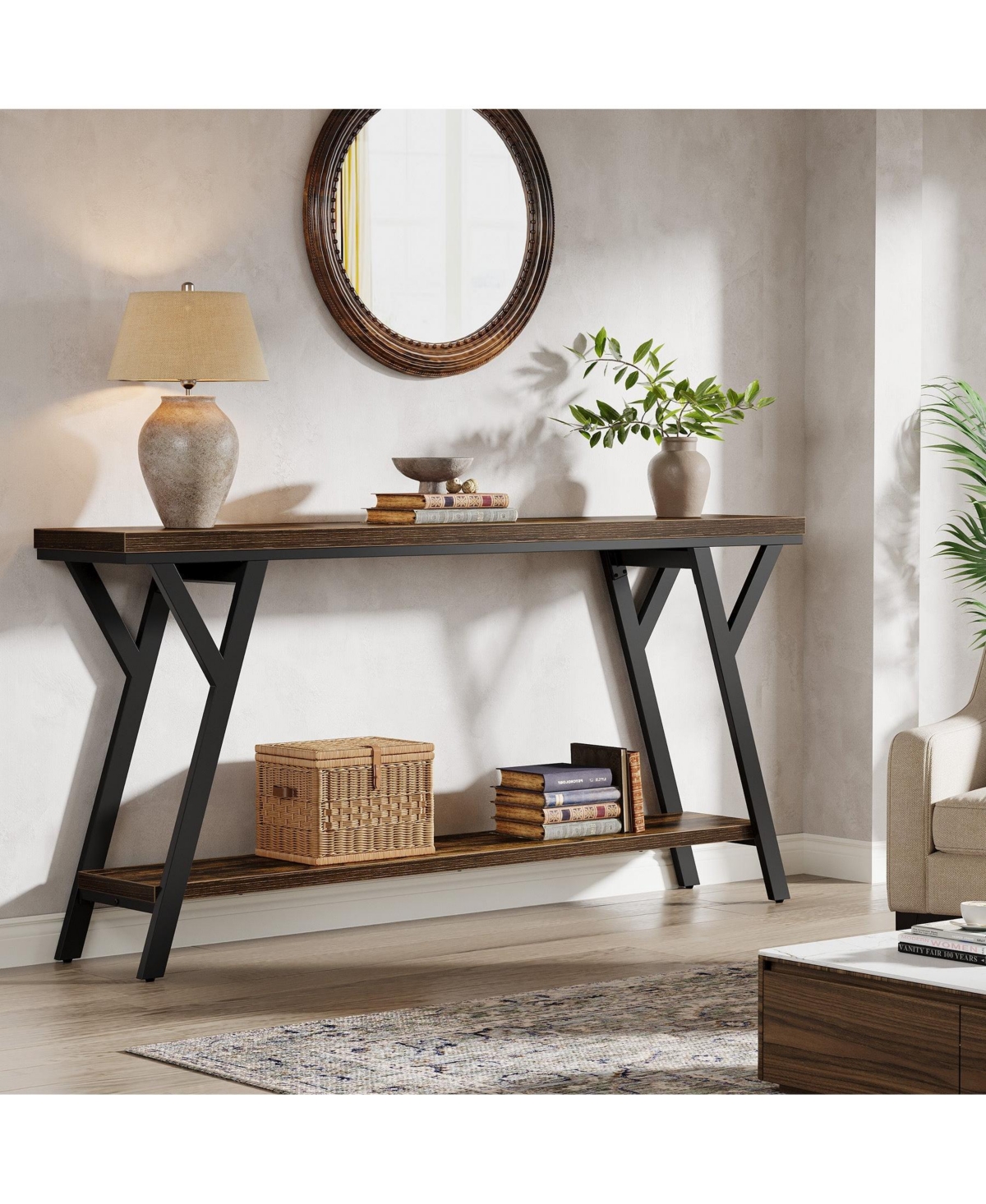 Slickblue Industrial Sofa Console Table with 2-Tier Storage Shelf for Entryway