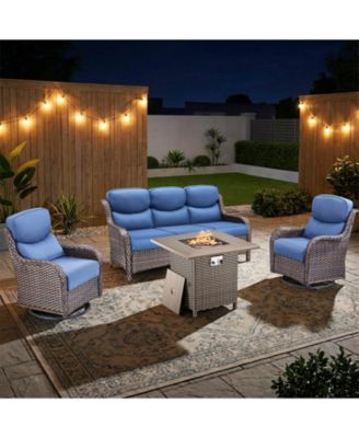 4 Pieces Patio Furniture Set with Fire Pit High Back Outdoor Furniture Set 5-inch Cushions Wicker Patio Swivel Rocker Chairs