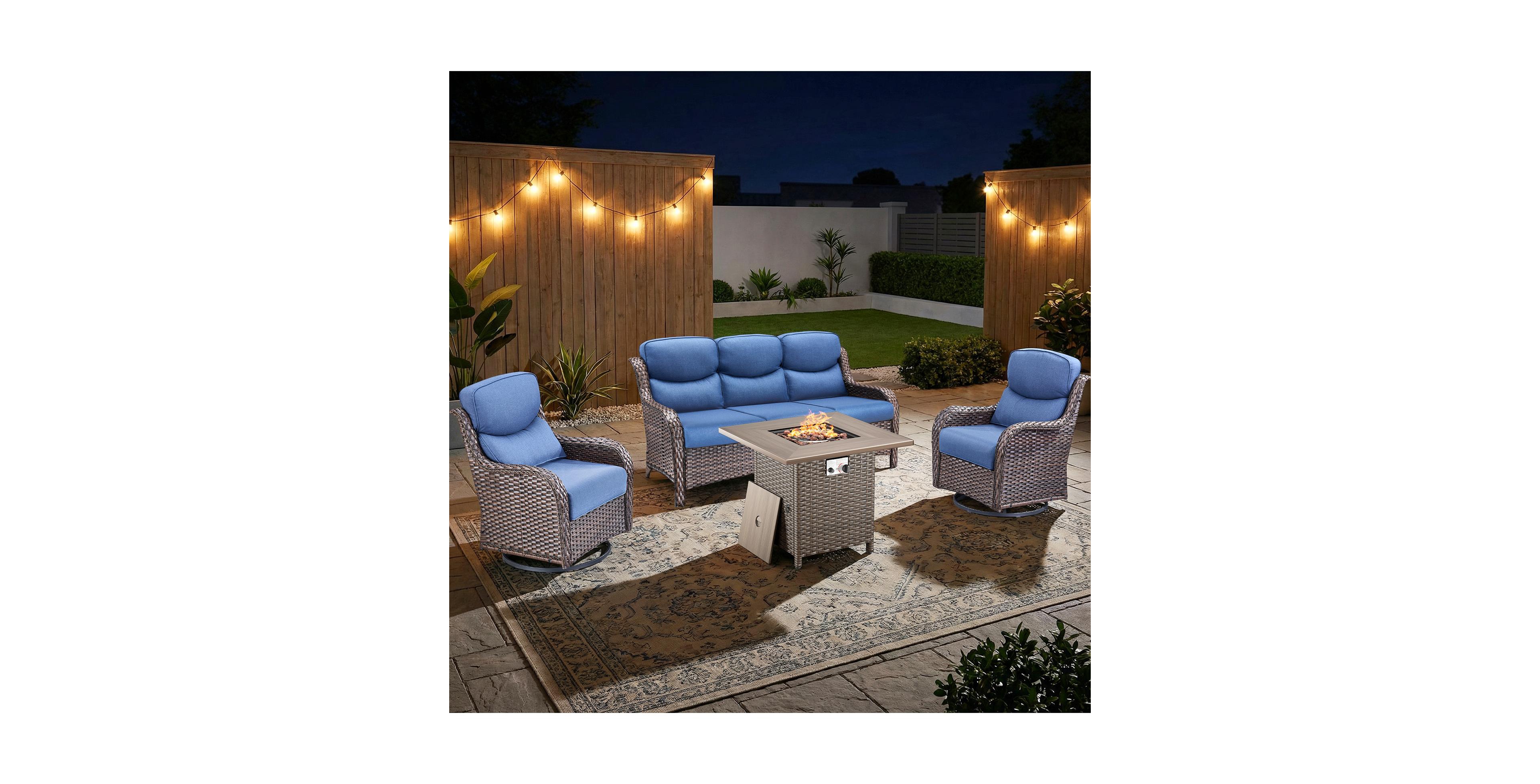 Pocassy 4 Pieces Patio Furniture Set with Fire Pit High Back Outdoor 5-inch Cushions Wicker Swivel Rocker Chairs