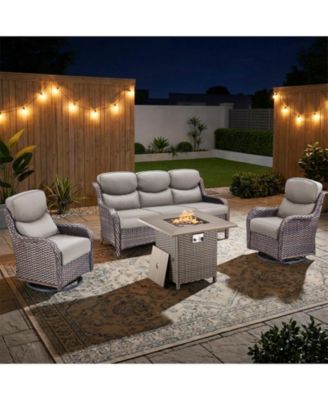 4 Pieces Patio Furniture Set with Fire Pit High Back Outdoor Furniture Set 5-inch Cushions Wicker Patio Swivel Rocker Chairs