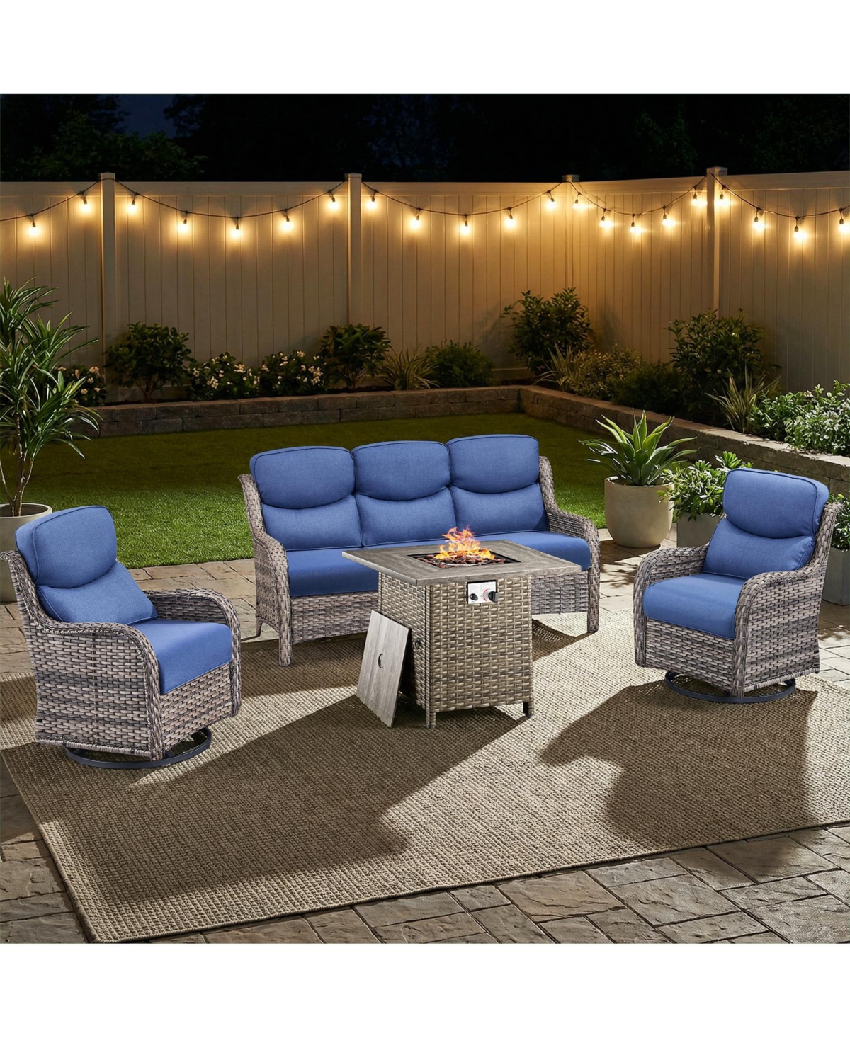 Pocassy 4 Pieces Patio Furniture Set with Fire Pit High Back Outdoor 5-inch Cushions Wicker Swivel Rocker Chairs