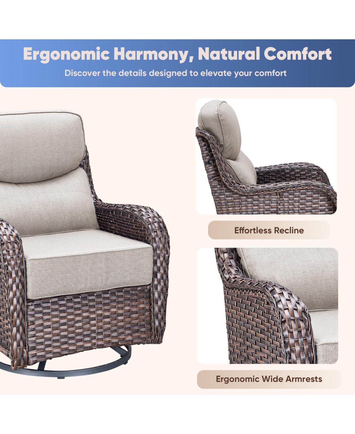 Pocassy 6 Pieces Outdoor Furniture Set Wicker Sofa with Swivel Rocking Chairs Patio Ottomans Coffee Table