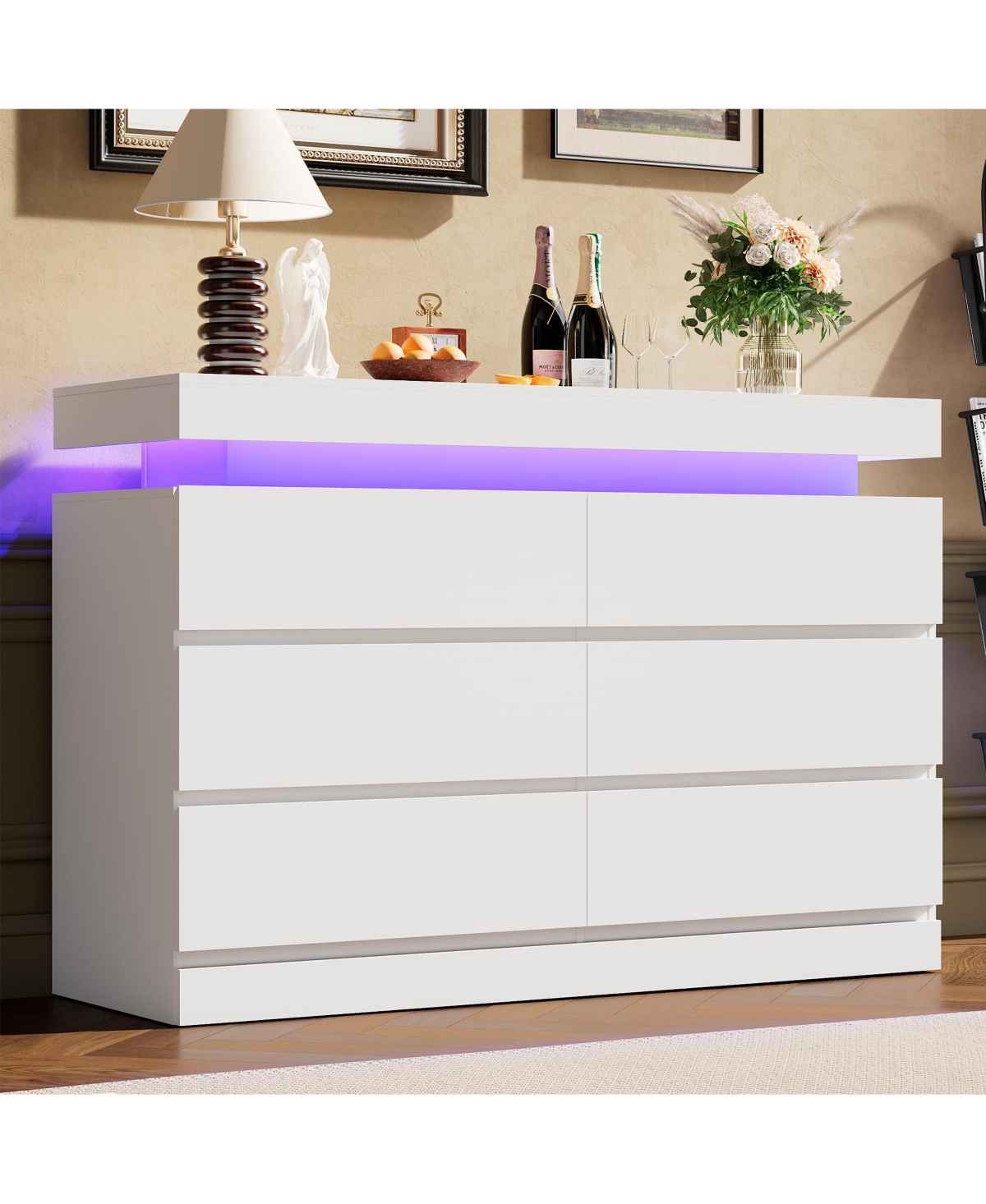 homfan 47" 6-Drawer Dresser with Led Light and Charging Station, Storage Chest for Bedroom and Living Room