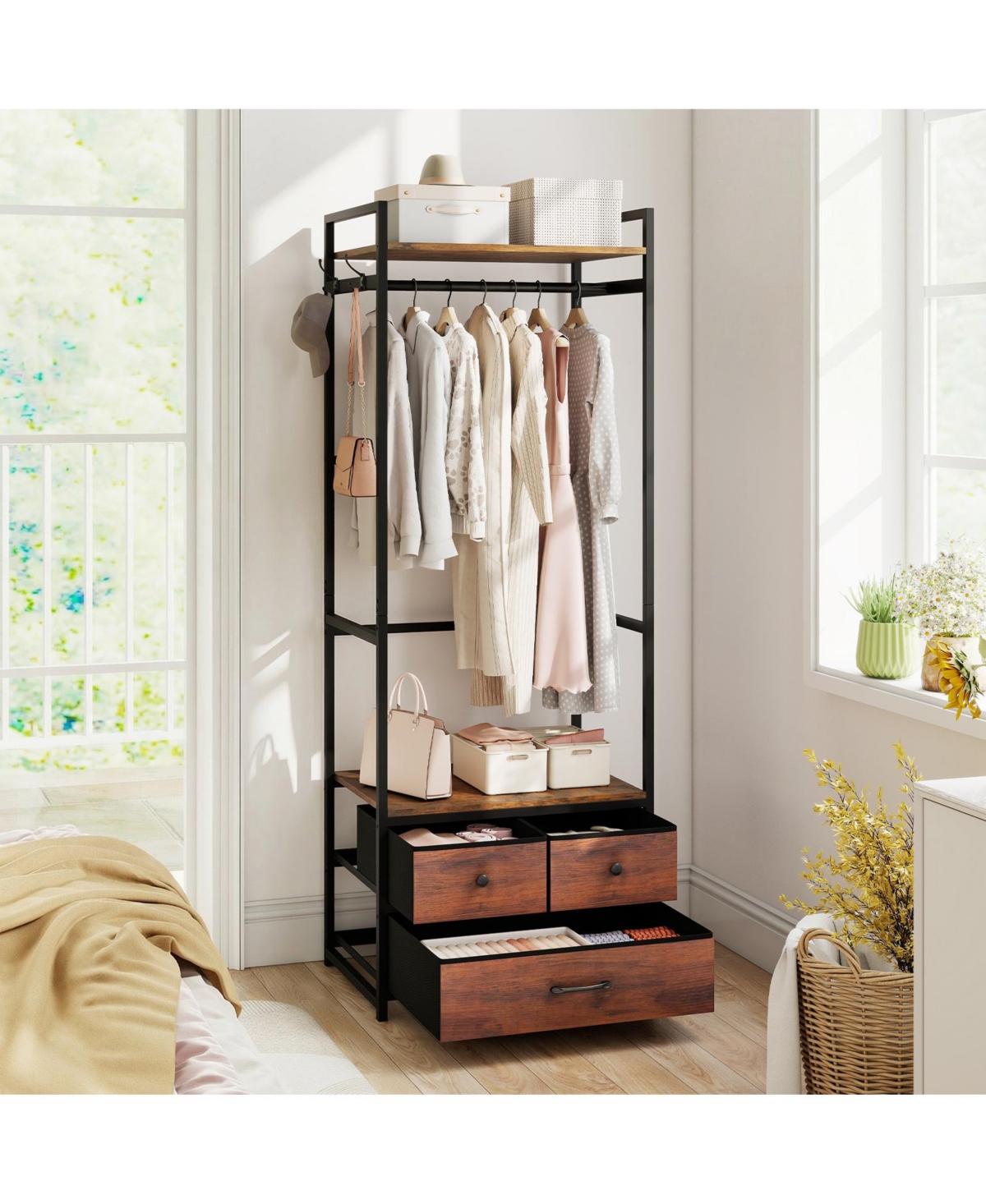 Slickblue Metal Clothes Rack with Storage Drawers and Hooks