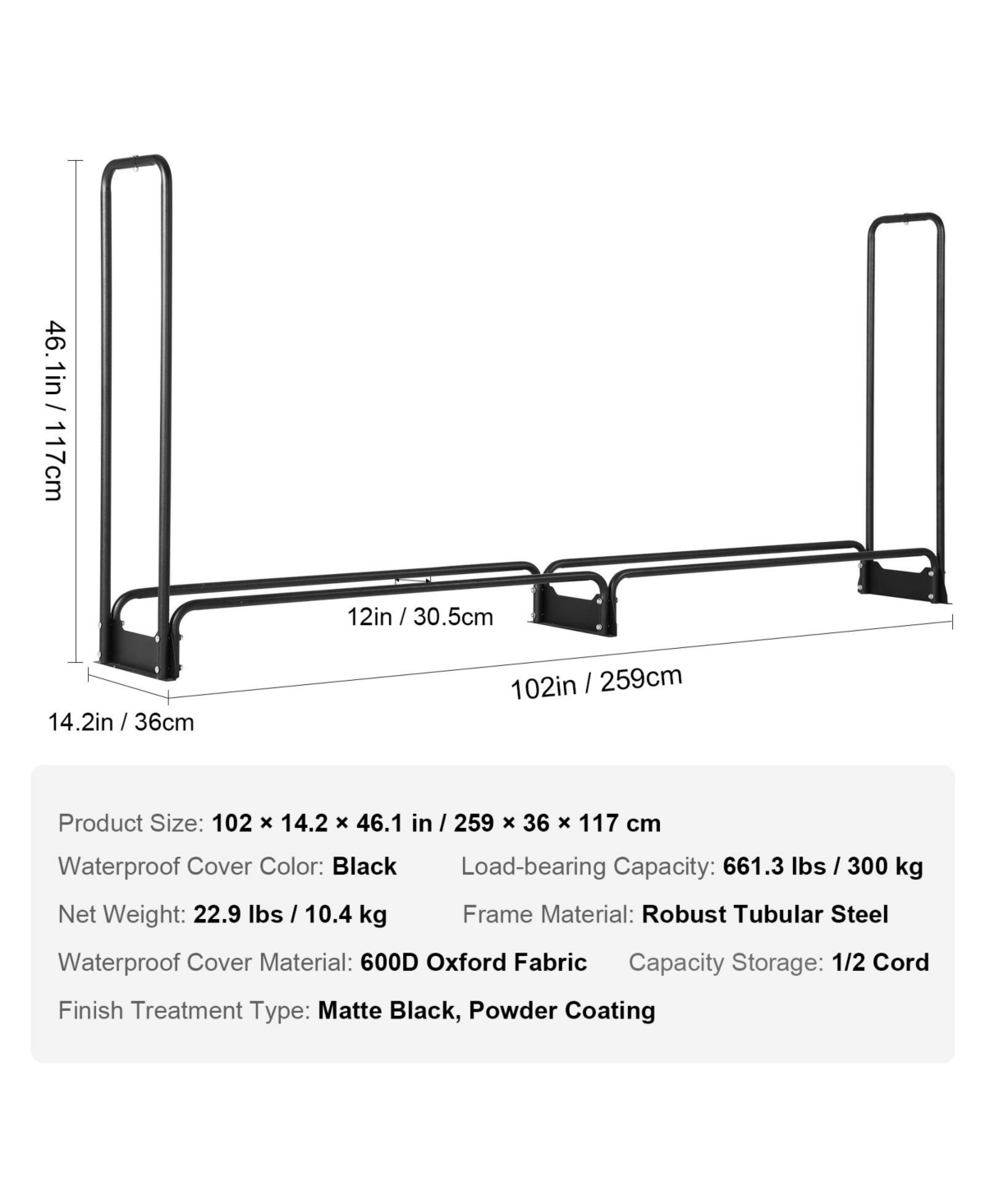 Cozito Firewood Rack with Water-Resistant Cover, 101 x 14 x 46 inches Outdoor Holder, 1/2 Cord