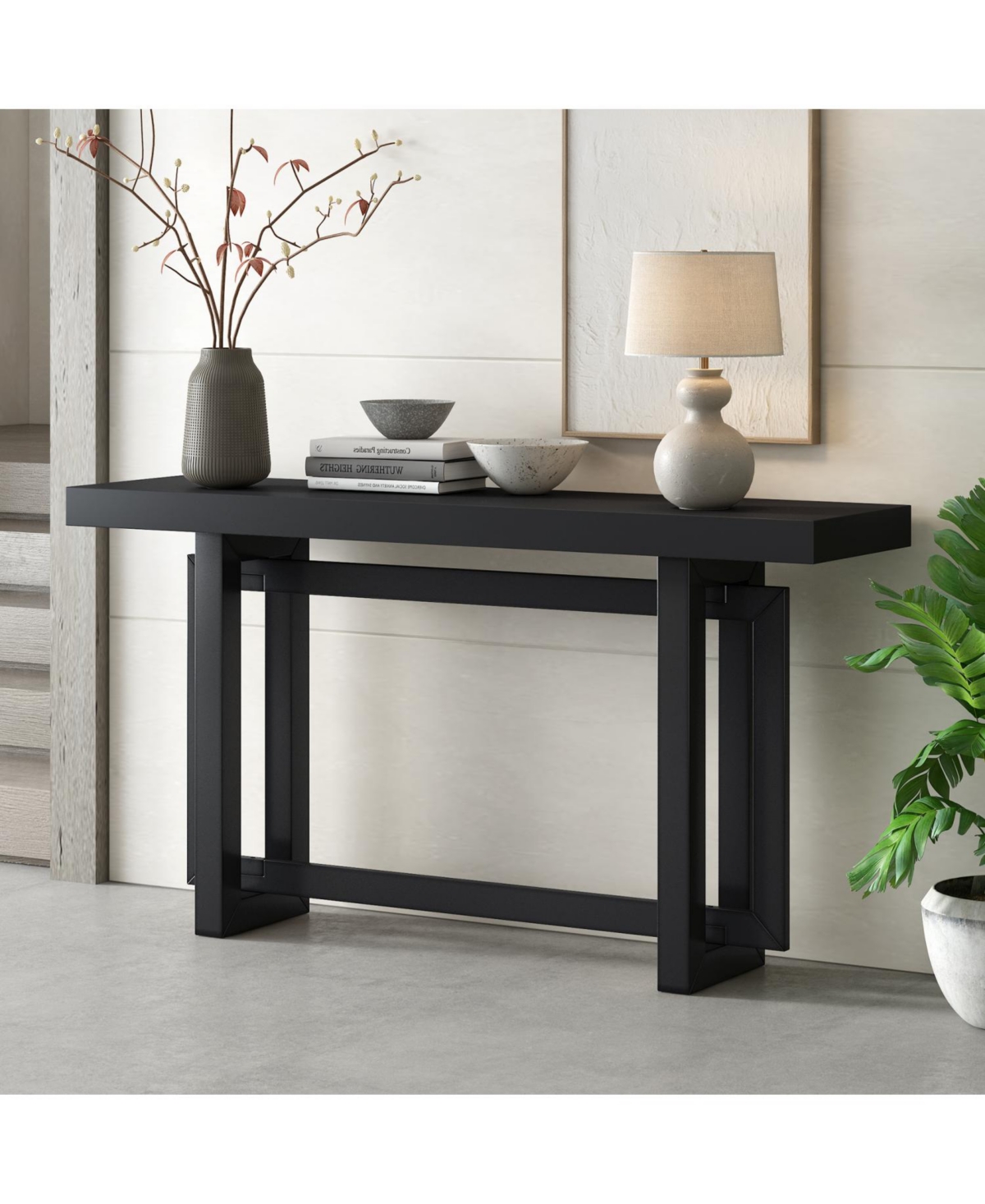Rainsken 59" Contemporary Minimalist Console Table, with Thick Pine Wood Legs, Unique Triple Rectangle Design, for Hallway Entrance Foyer