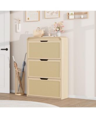 Rattan Shoe Cabinet with 3 Flip Drawers, Slim and Narrow Wood Shoe Storage for Entryway, Adjustable Removable Shelves, Boho Hallway Organizer