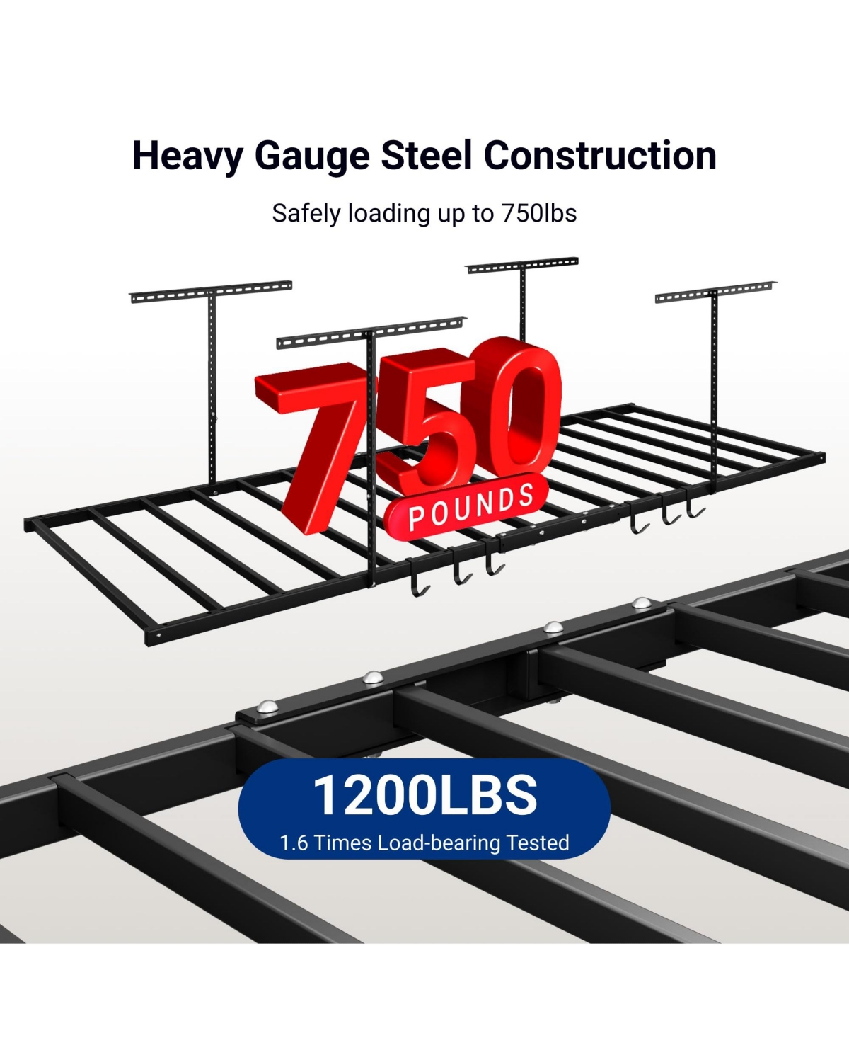 Fleximounts 2 Pack 4x8ft Overhead Garage Storage Rack with 6 Hooks, 22.6" -39.4" Ceiling Dropdown, Lite Series