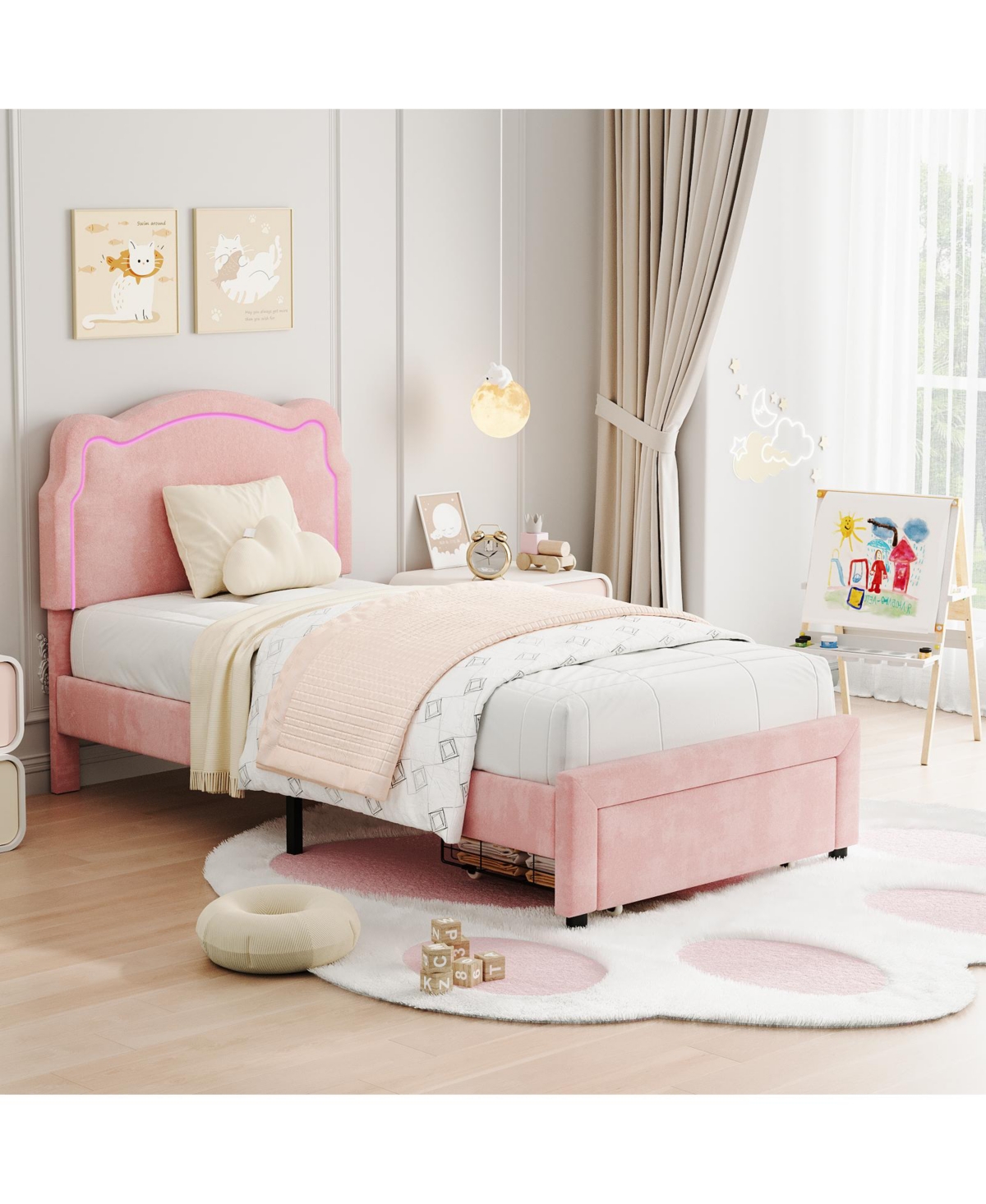 homfan Upholstered Twin Platform Bed with Bear-Shaped Headboard, Rgb Led Lights, Storage Drawer, Soft Fabric, Wooden Slats