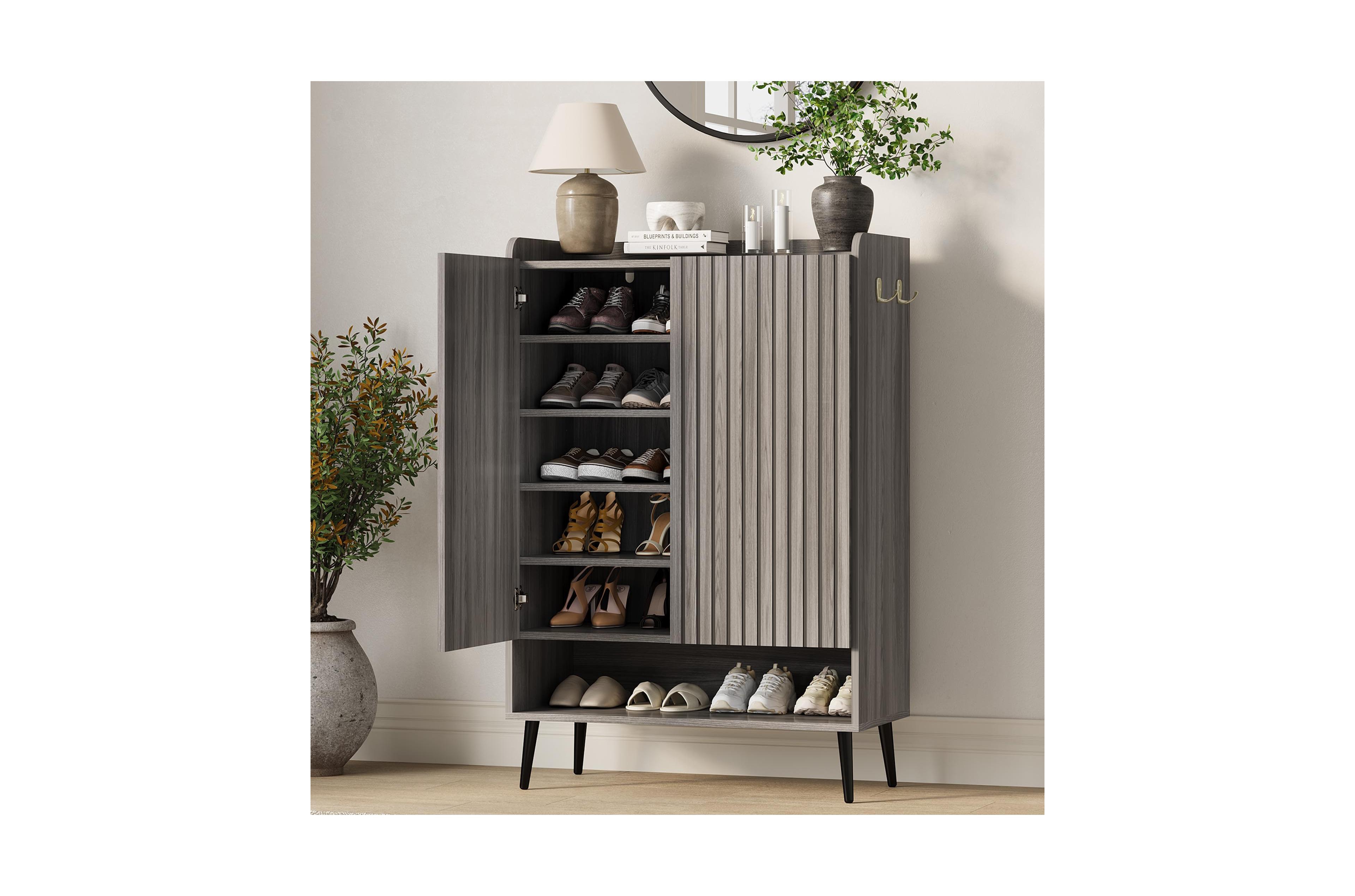 homfan Large Shoe Cabinet with Doors, 6 Tier Storage Adjustable Shelves, Freestanding Rack Organizer