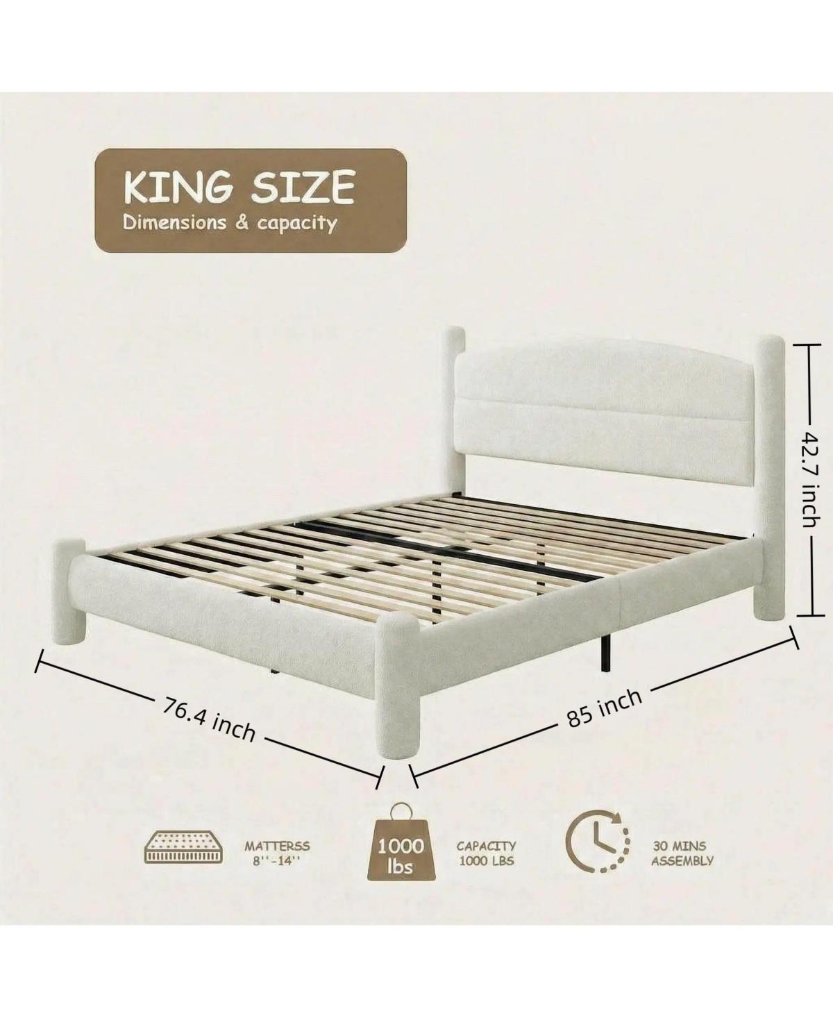 gaomon Boucle Bed Frame, Upholstered Cloud Bed Platform with 4 Round Sturdy Legs, Noise Free, No Box Spring Needed, Easy Assembly