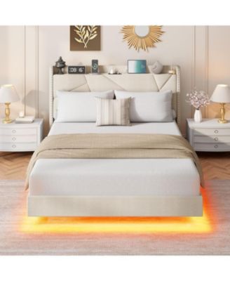 Modern Floating Upholstered Platform Bed with LED Lights, Charging Station, Storage Headboard, Folding Shelves