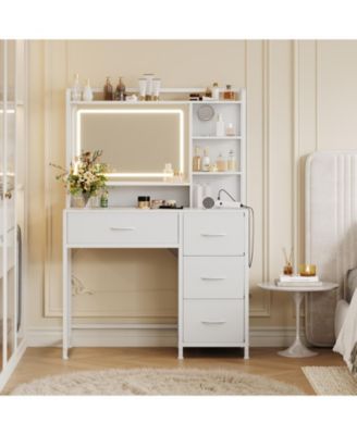 Vanity Desk with Mirror, Light, 35.4'' Makeup Vanity Table with Shelves, 4 Fabric Drawers Storage, Modern Dressing Table for Bedroom