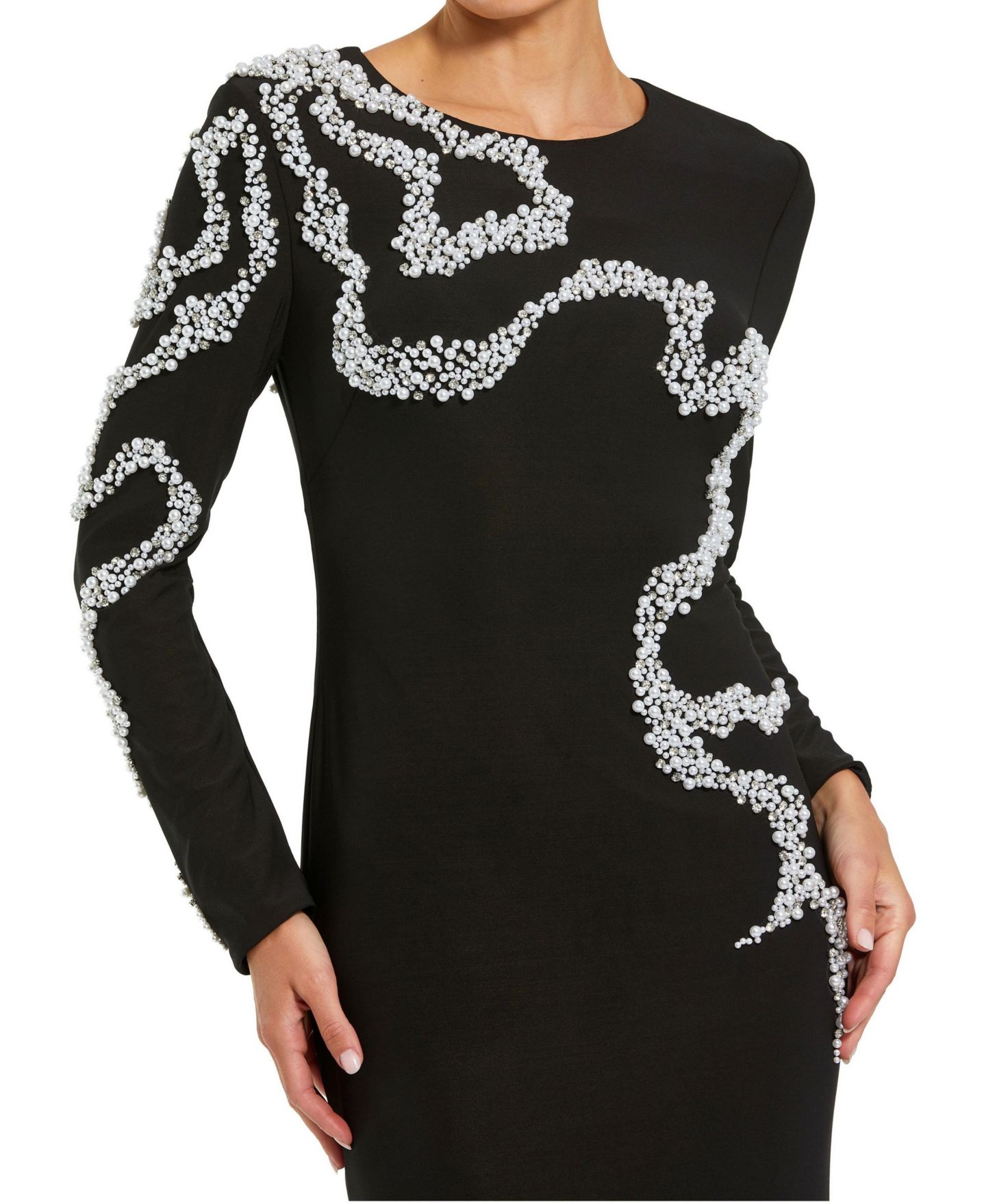 Женские платья Mac Duggal Petite Jersey Long Sleeve Beaded Column Gown, цвет: Чёрный — фото 3