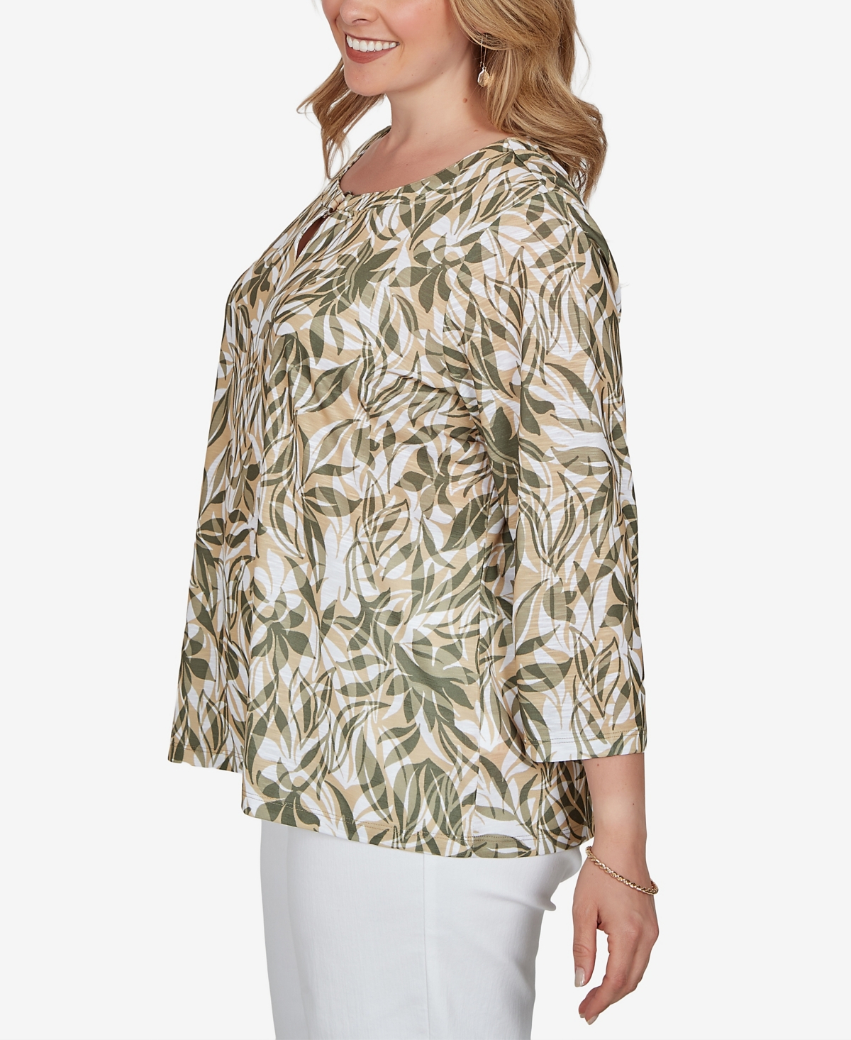 Hearts Of Palm Plus Green Leaf Printed Slub Top