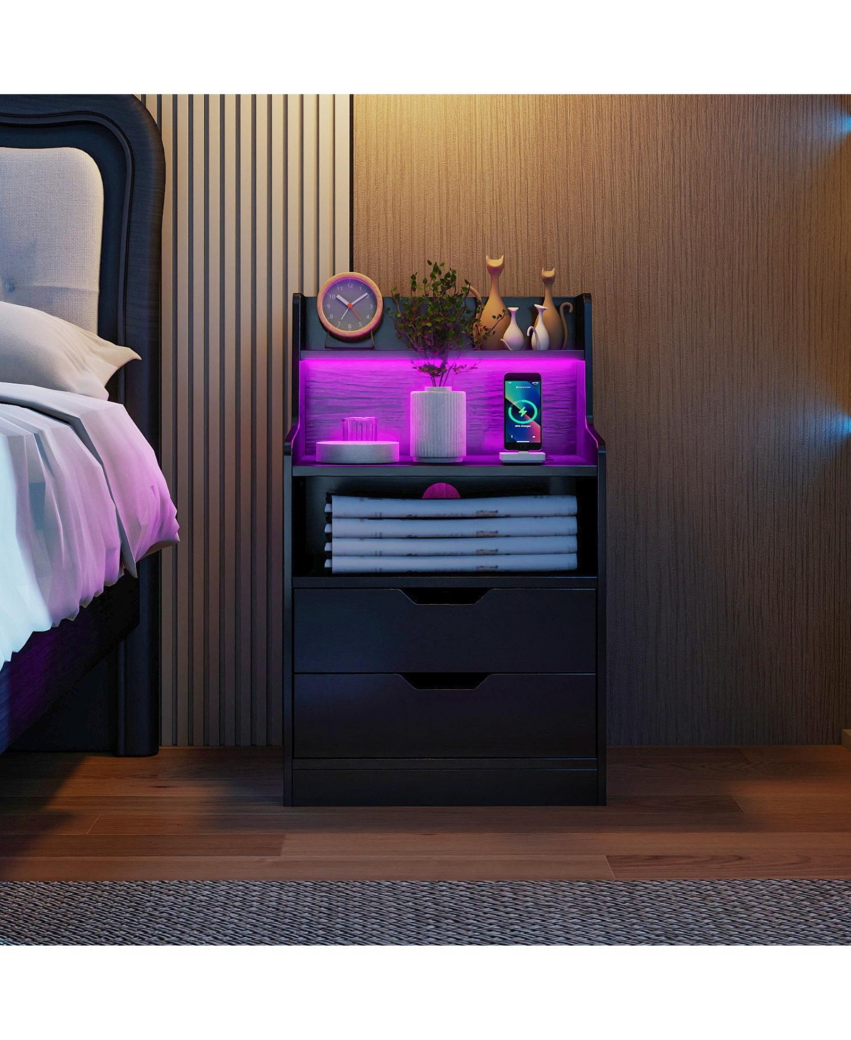 Slickblue Modern Nightstand with Led Light and Usb Charging for Bedside Use