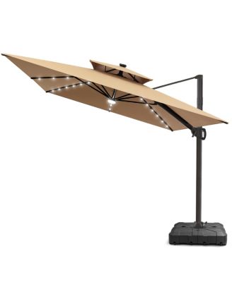 Outdoor Patio 9x11 FT Aluminum Double Canopy Solar Lights Cantilever Umbrella with Wheel Base