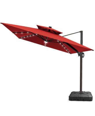 Outdoor Patio 9x11 FT Aluminum Double Canopy Solar Lights Cantilever Umbrella with Wheel Base