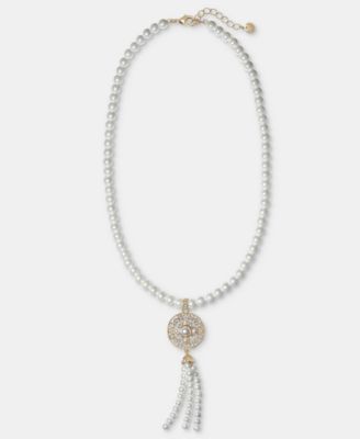 Glass Stone and Faux Pearl Tassel Necklace