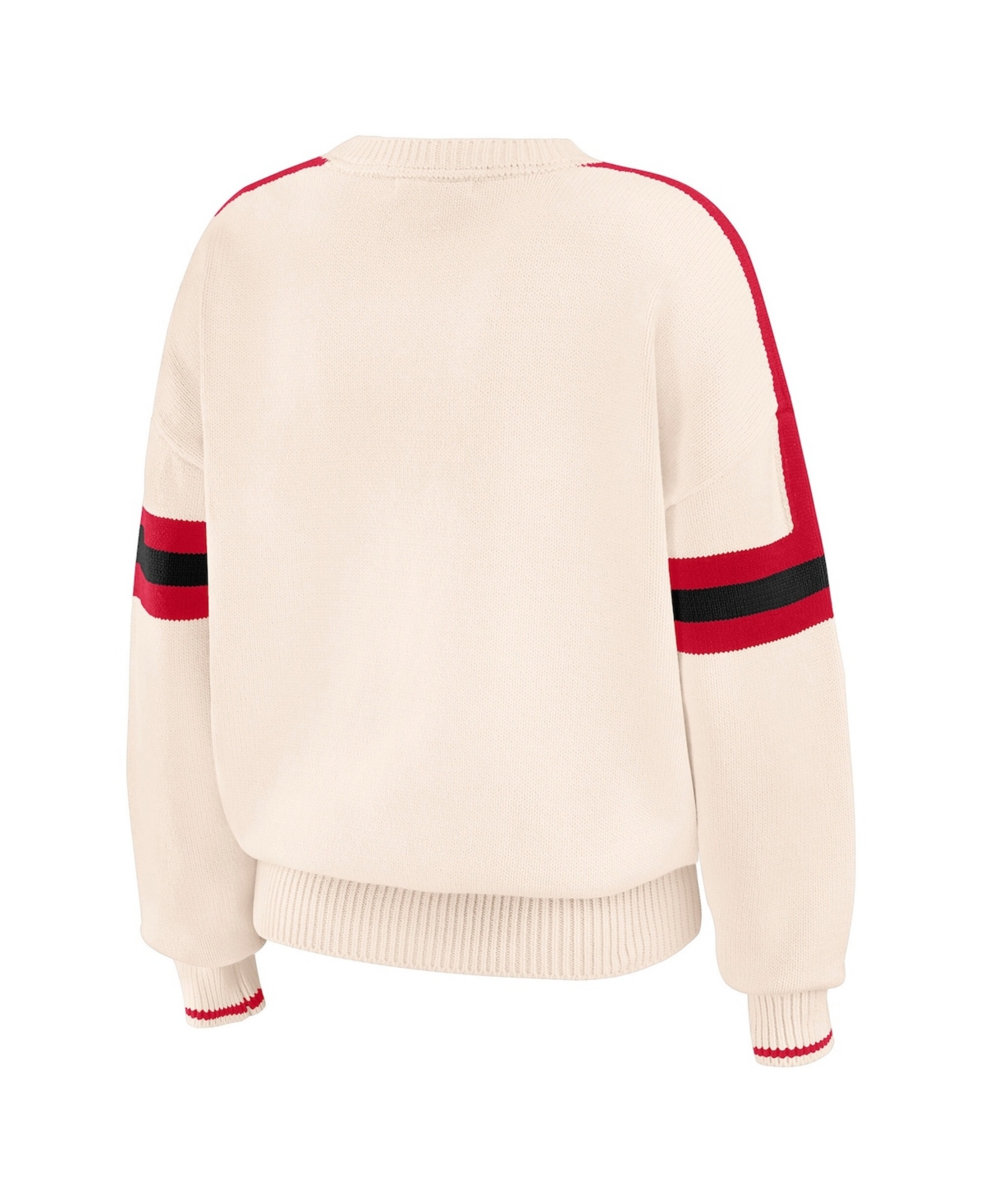 Wear by Erin Andrews Women's Cream Wisconsin Badgers Chenille Woven Patch Stripe Pullover Sweater