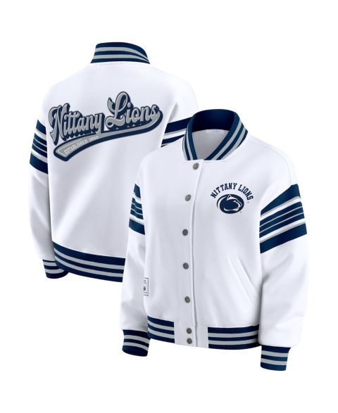 Женские худи WEAR by Erin Andrews Women's White/Navy Penn State Nittany Lions Satin Stitch Full-Snap Fleece Sweatshirt Jacket