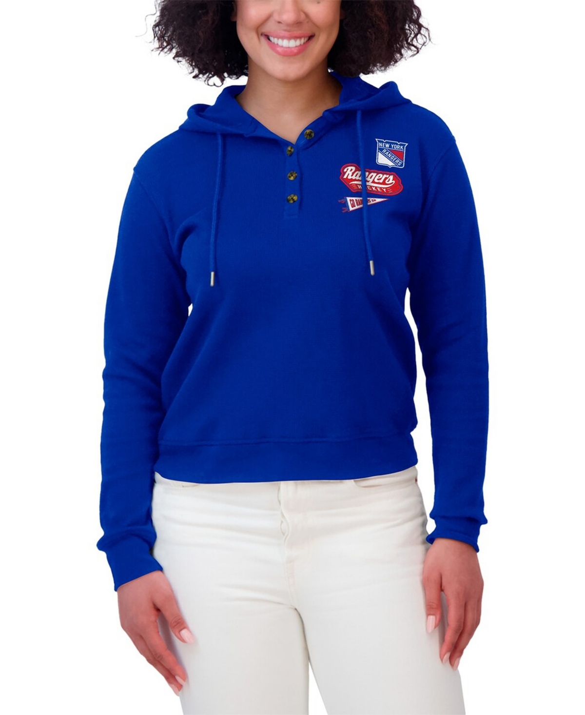 Wear by Erin Andrews Women's Blue New York Rangers Waffle-Knit Pullover Hoodie