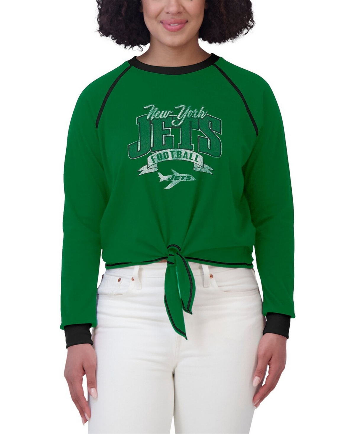 Wear by Erin Andrews Women's Green/Black New York Jets Plus Size Tie-Front Long Sleeve Top