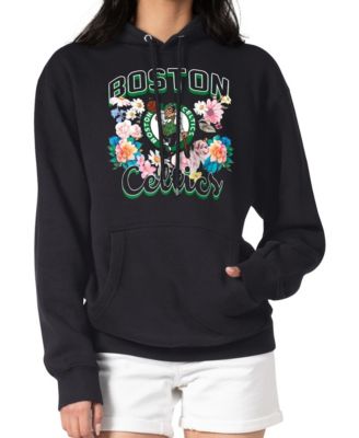 Women's Black Boston Celtics Flowers Team Logo Graphic Fleece Pullover Hoodie