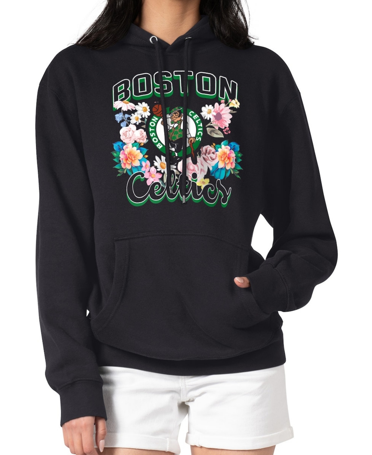 G-iii 4Her by Carl Banks Women's Black Boston Celtics Flowers Team Logo Graphic Fleece Pullover Hoodie