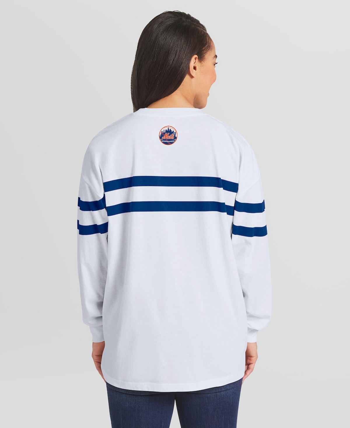 Wear by Erin Andrews Women's White New York Mets Oversized Long Sleeve Striped T-Shirt