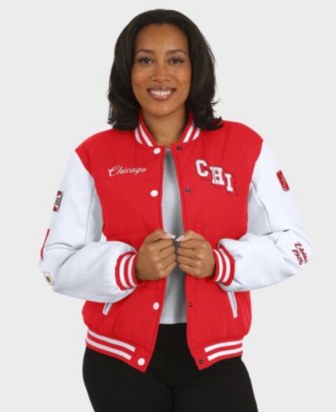 Женские куртки WEAR by Erin Andrews Women's Red/White Chicago Blackhawks Varsity Full-Snap Puffer Jacket