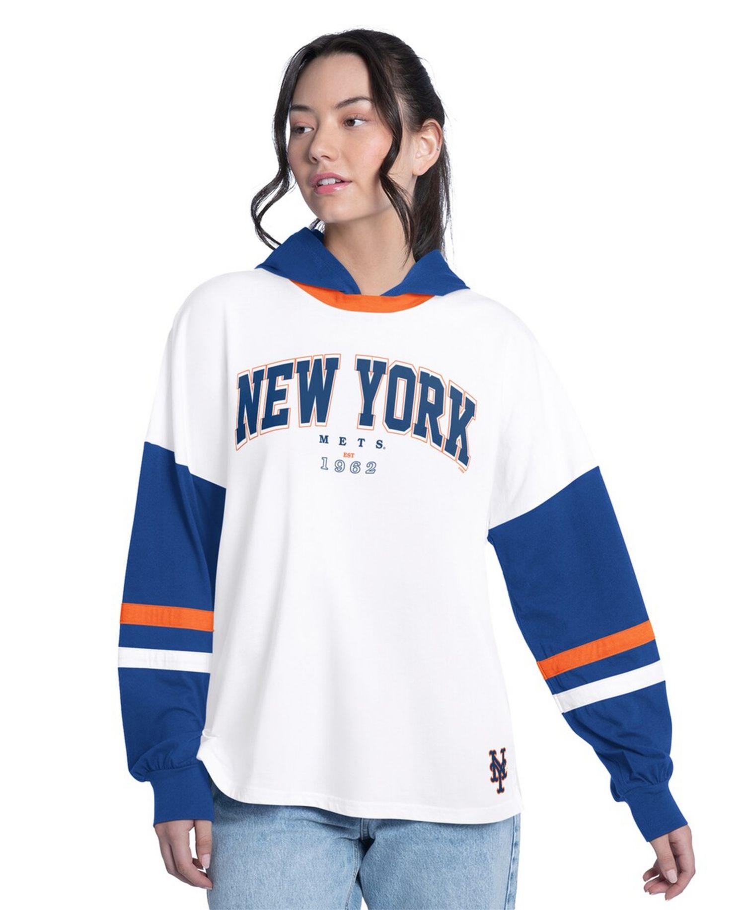 Women's White/Royal New York Mets Key Player Oversized Hooded Long Sleeve T-Shirt