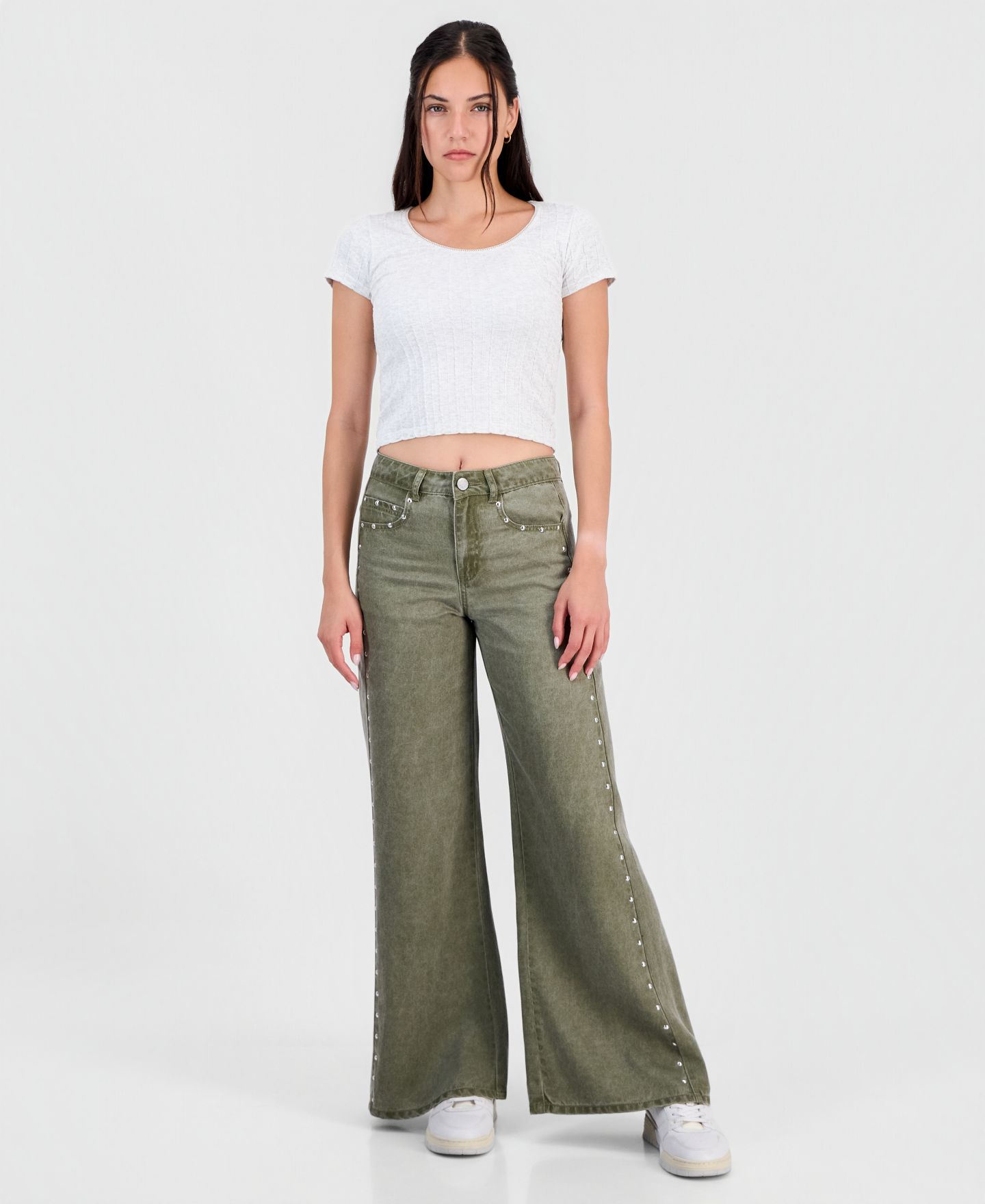 Женские джинсы Indigo Rein Juniors' High-Waisted Wide-Leg Studded, цвет: Зелёный — фото 6