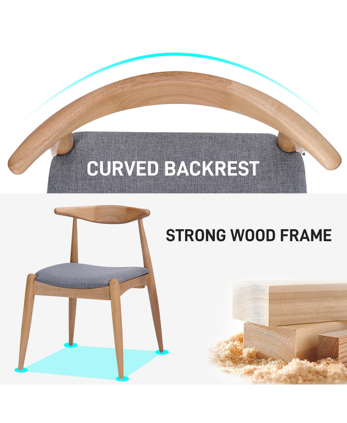 Rainsken Mid-Century Modern Dining Chairs Set of 2 with Curved Backrest, Comfort Cushions and Solid Wood Frame for Kitchen, Room