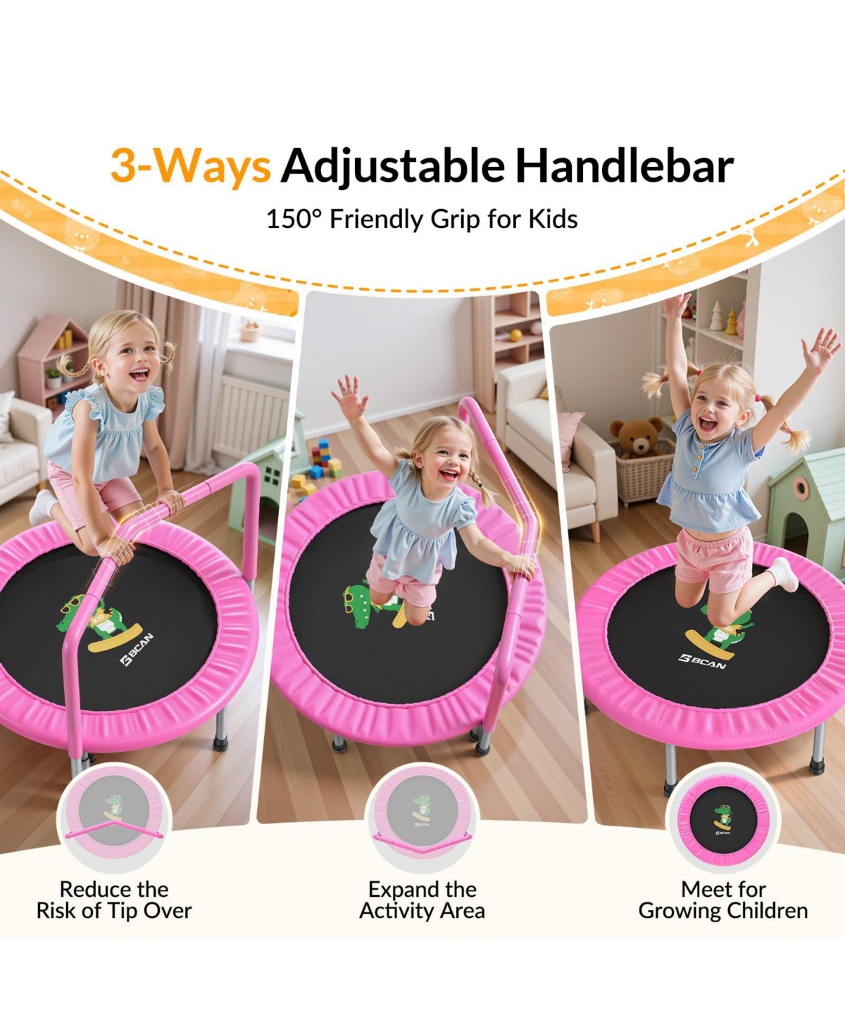 Bcan SP1 36 inch Astm Certified Toddler Trampoline Indoor Mini Trampoline with Foam Handle Safety Cover Easy Assembly for Kids
