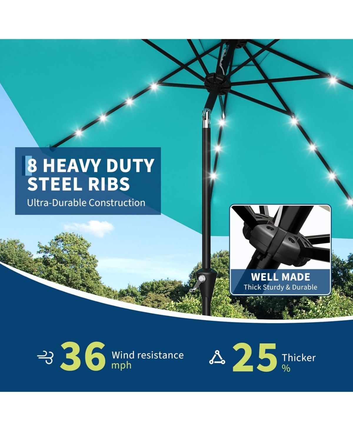 gaomon Outdoor Table Solar Patio Umbrella with 32 Led Lights, Uv Protection for Pool