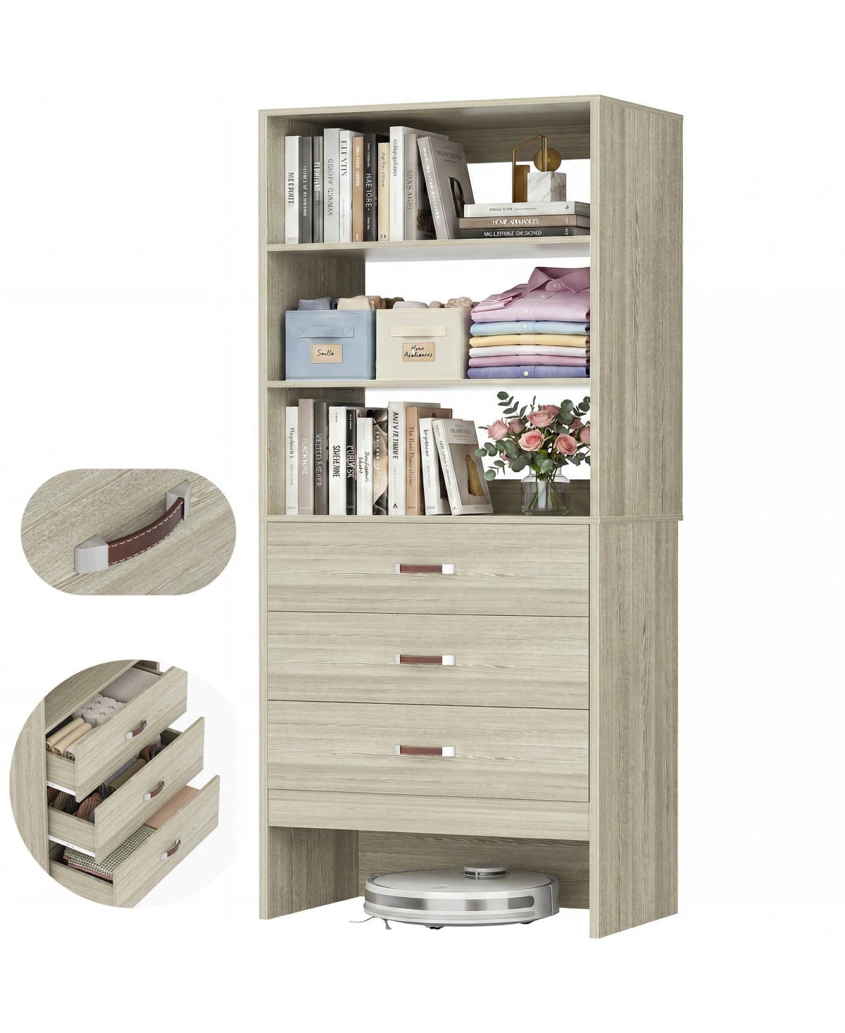 Aheaplus Bookshelf Cabinet with 3-Drawers and Shelves, Wooden Closet Organizer