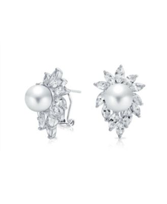 Cocktail Leaf Halo CZ Marquise 10MM Pearl Stud Earrings Omega Back Clip For Pierced Ears
