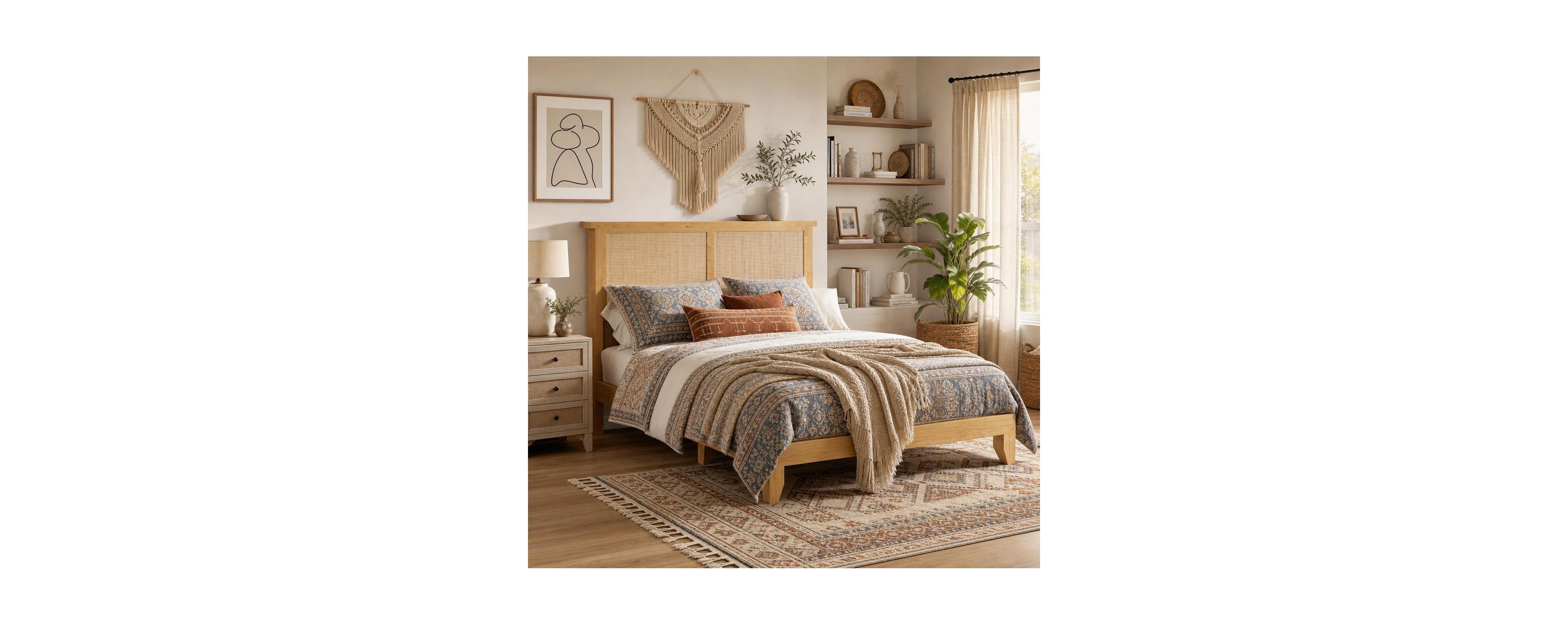 gaomon Boho Bed Frame, Rattan Headboard Bed Frame With Led Lights