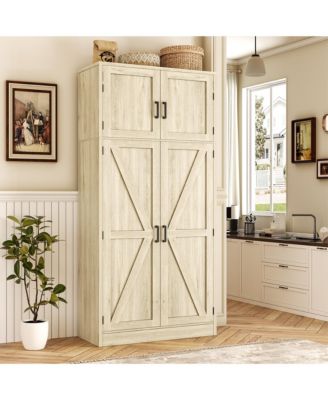 71" Tall Wooden Pantry Cabinet with Shelves, Kitchen Storage Cabinet with 4 Barn Doors