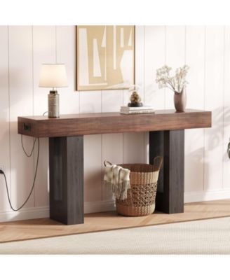 63-Inch Console Table with Charging Station – Narrow Sofa Table for Hallway, Living Room