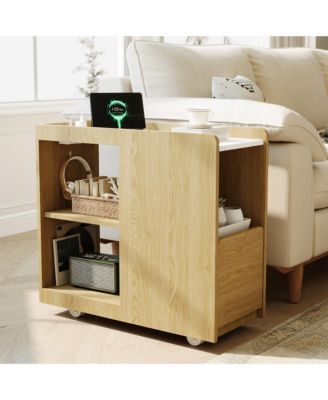 End Table with Charging Station, Mobile Side Table with Drawer and Adjustable Shelf, Locking Wheels Nightstand for Living Room or Bedroom