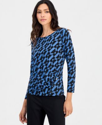 Petite Geo-Print Ruched-Sleeve Top