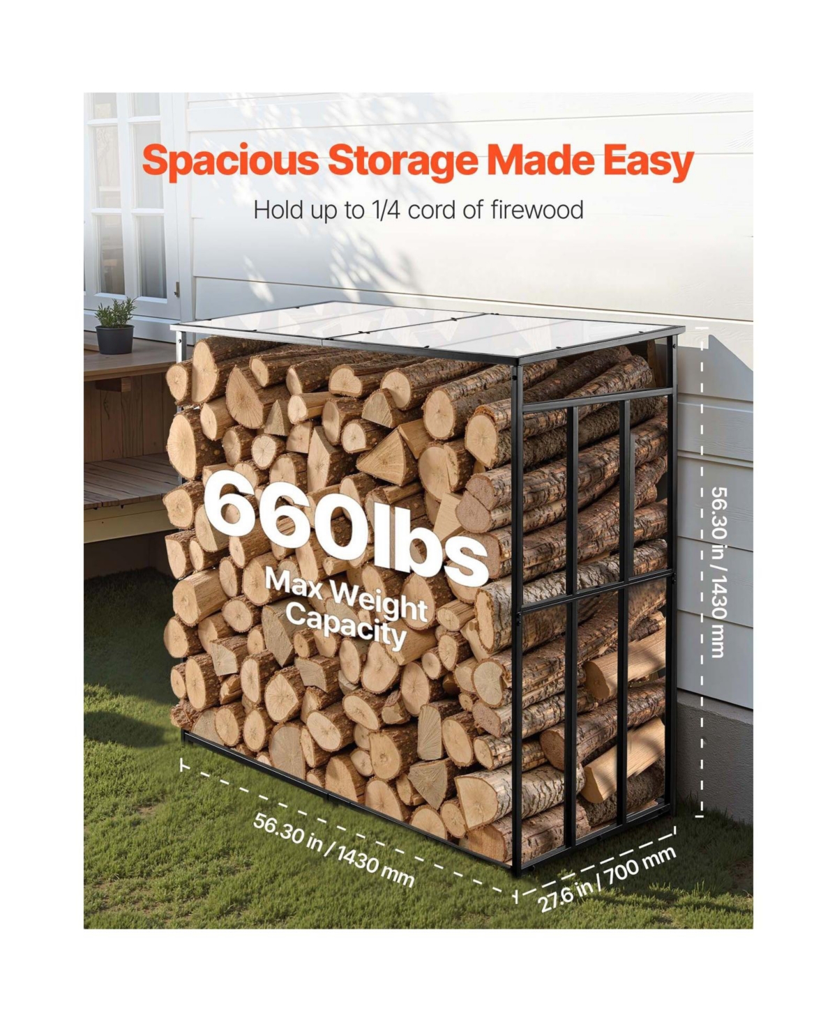 Cozito Firewood Rack with Sloped Roof, 4 feet Outdoor Log Storage Holder