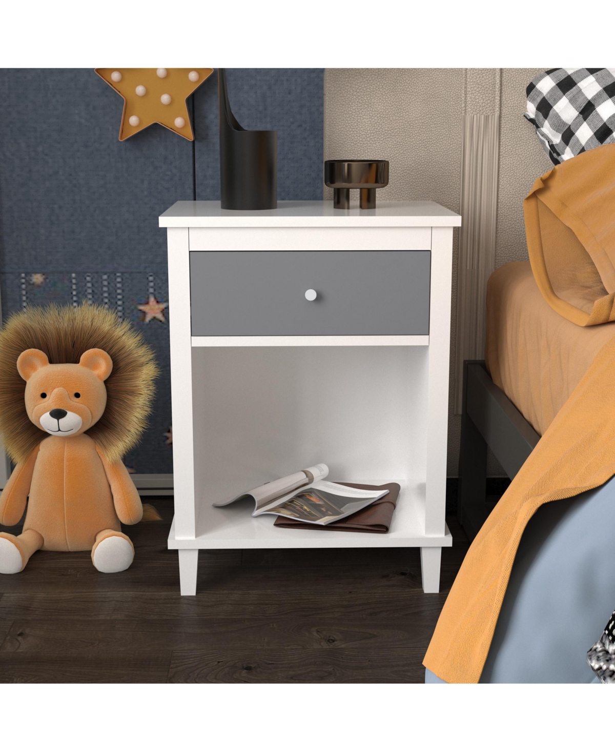 Rainsken Wooden Nightstand with Drawer and Open Storage Shelf, Modern Bedside Table