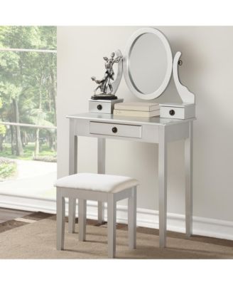 Wood Makeup Vanity Desk and Stool Set - Dressing Table with Mirror and 3 Storage Drawers for Bedroom