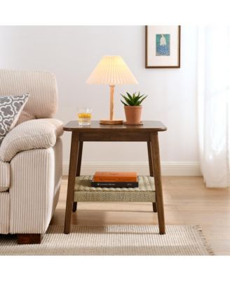 23" Square Wooden End Table with Woven Storage Shelf, Mid-Century Bedside Table, Nightstand for Living Room, Bedroom, Office