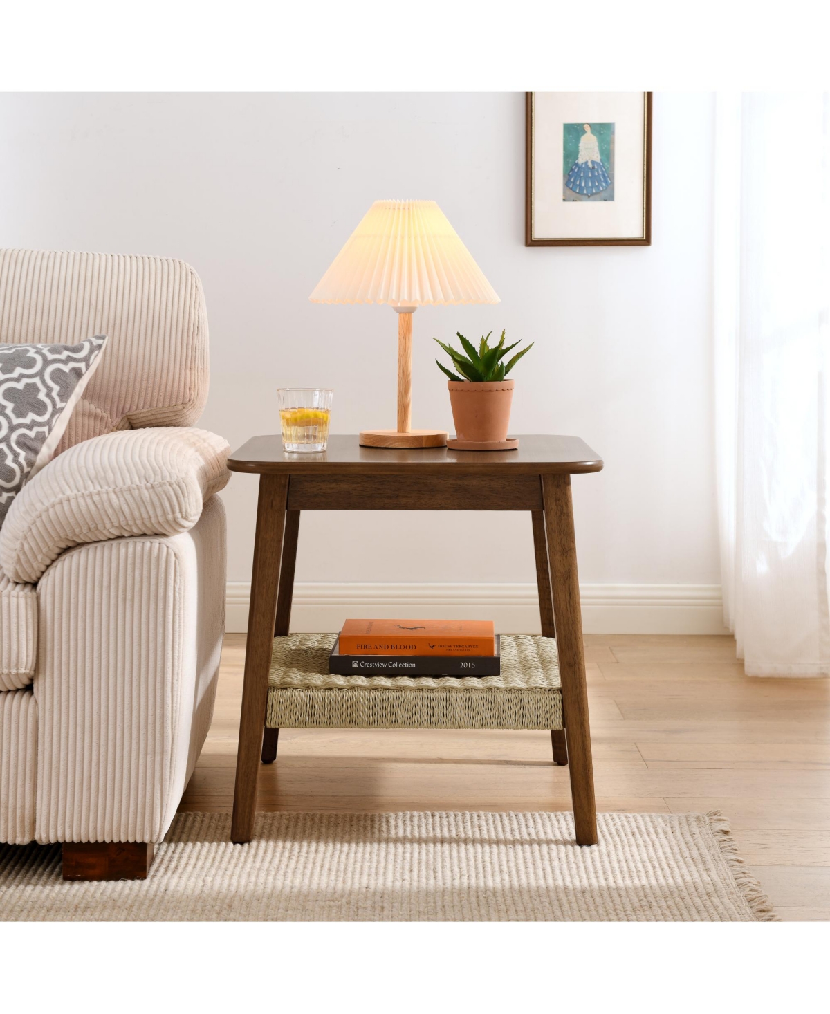 Rainsken 23" Square Wooden End Table with Woven Storage Shelf, Mid-Century Bedside Table, Nightstand for Living Room, Bedroom