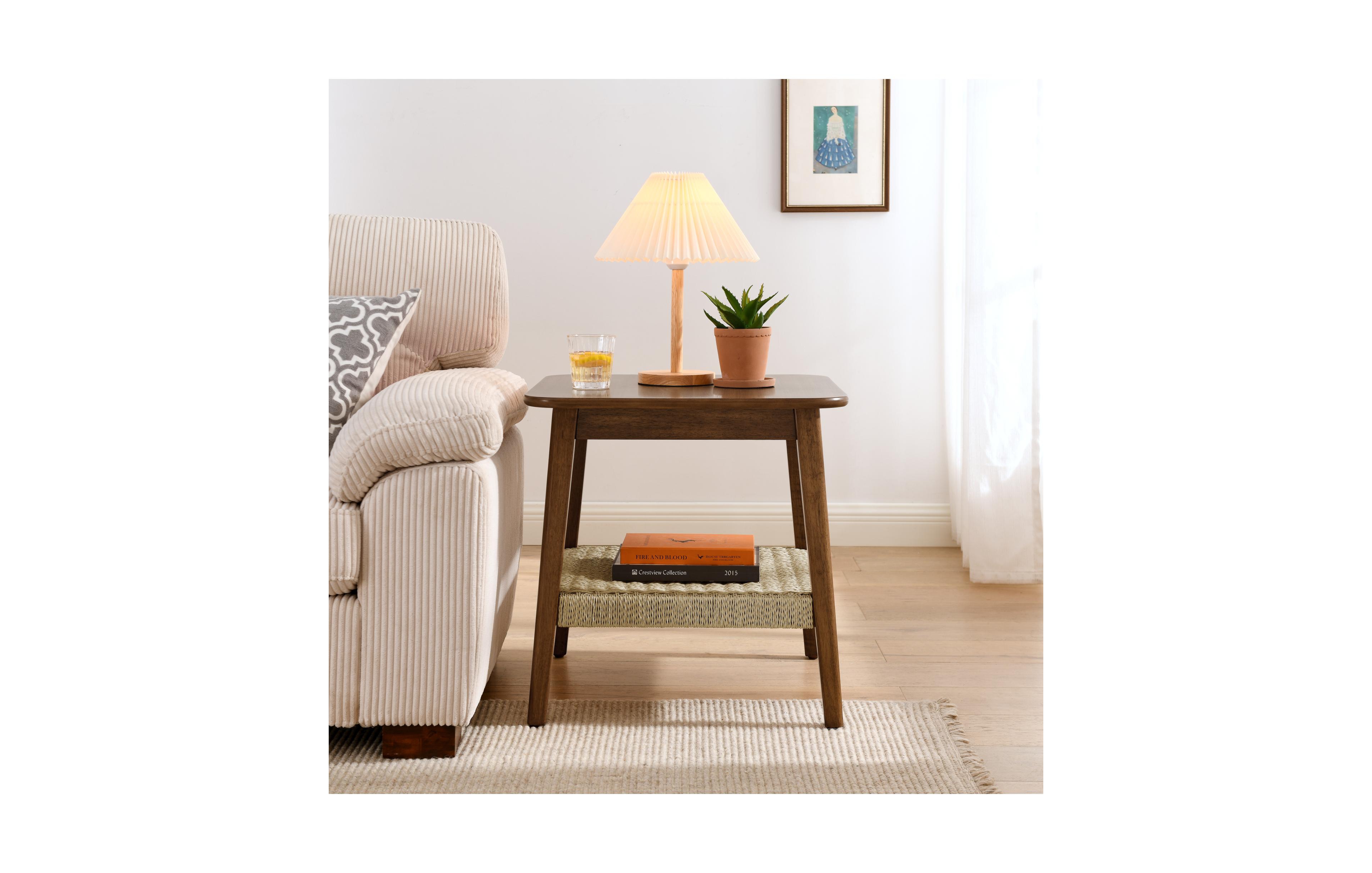 Rainsken 23" Square Wooden End Table with Woven Storage Shelf, Mid-Century Bedside Table, Nightstand for Living Room, Bedroom