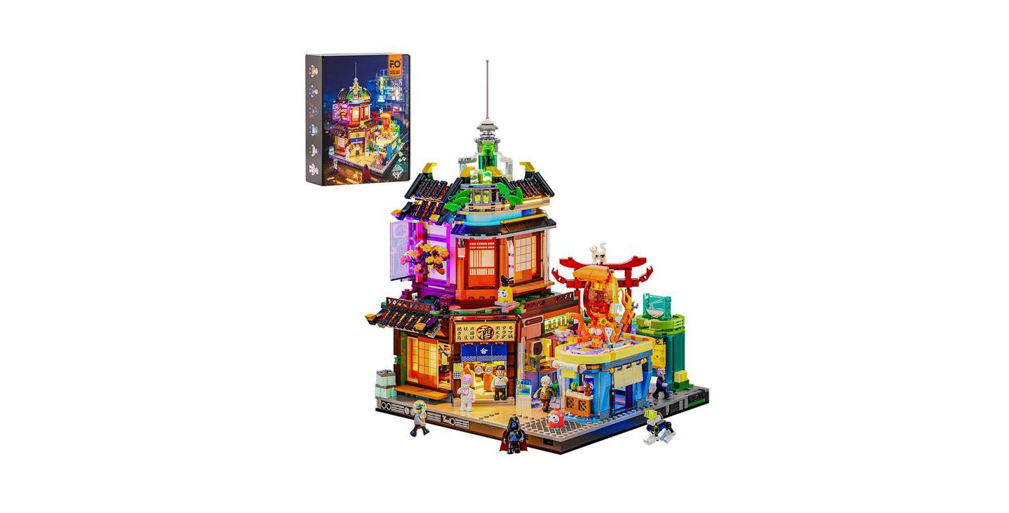 Детские конструкторы Lumibricks 1987 Pcs Cyberpunk Japanese Izakaya Neon City Building Bricks Future Pub LED Light Model Set — фото 1